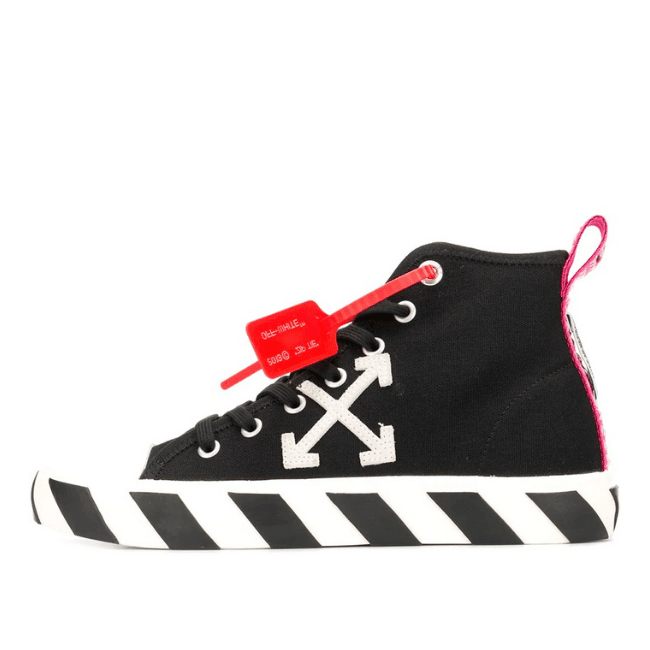 Off-White Arrow Vulcanized Hi Top Sneakers With Black and White Stripes