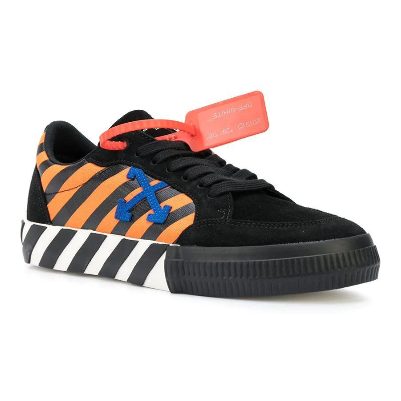 orange and black striped off white shoes